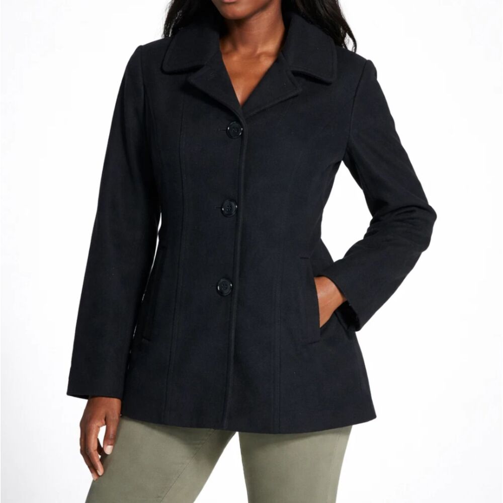 London Fog Peacoat Jacket Womens Large Black Wool Blend Pockets Lined
